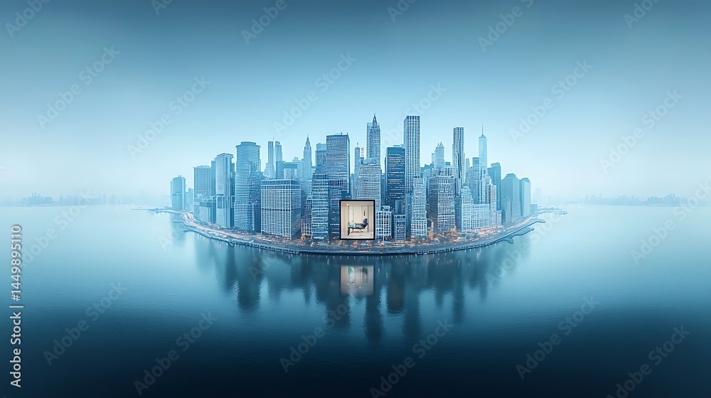 Obraz premium Panoramic view of a city skyline reflected in calm water, a tranquil morning scene