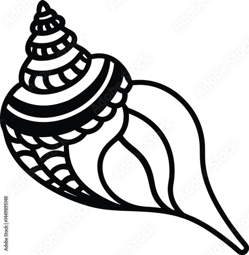 Isolated black outline shows a seashell with striped pattern on transparent background
