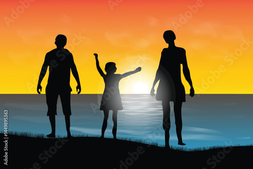 Happy Family Standing at the beach, enjoying the sunset, Father's Day concept landscape nature, vector illustration design background