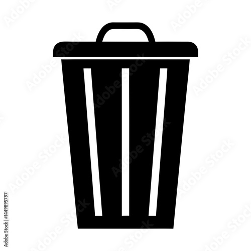 A simple black silhouette of a trash can with a closed lid