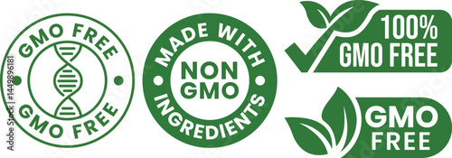 GMO free icon set. Non GMO label. No added or artificial chemicals logo, label, badge, sticker, symbol, emblem, stamp, line, vector, isolated illustration. GMO free label for product packaging design.