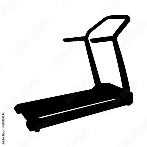 A solid black silhouette illustration of a treadmill isolated on white background