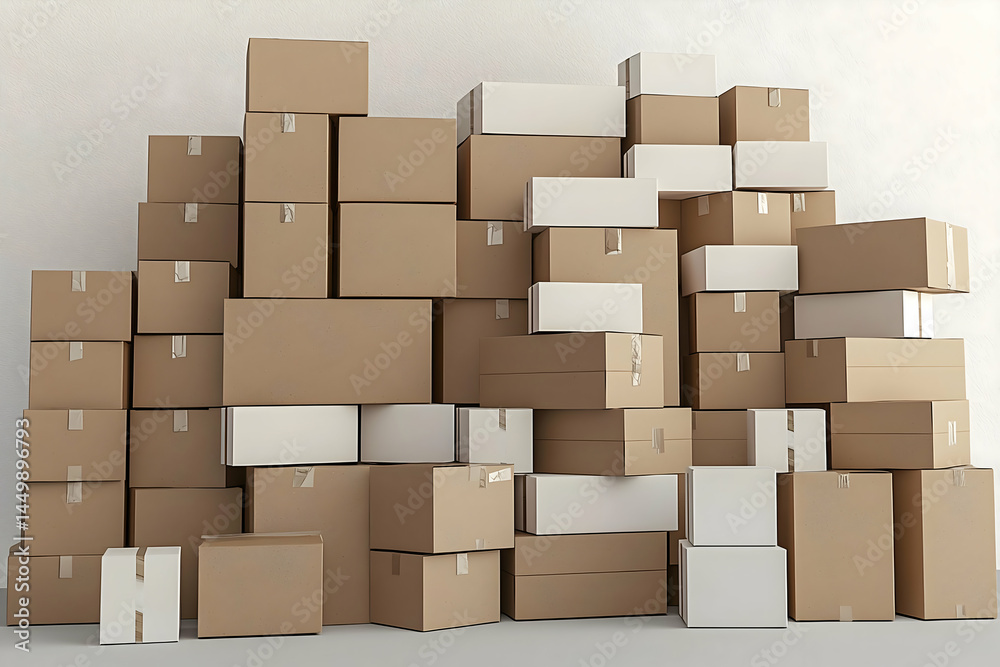 A large stack of cardboard boxes in brown and white colors isolated for a clean professional mockup ideal for packaging designs. A large stack of cardboard boxes in brown and white colors isolated for a clean professional mockup ideal for packaging designs.