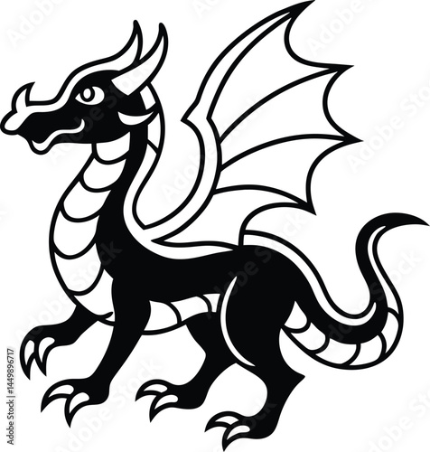 Black stylized dragon shows defined horns, scales and wings against a white background