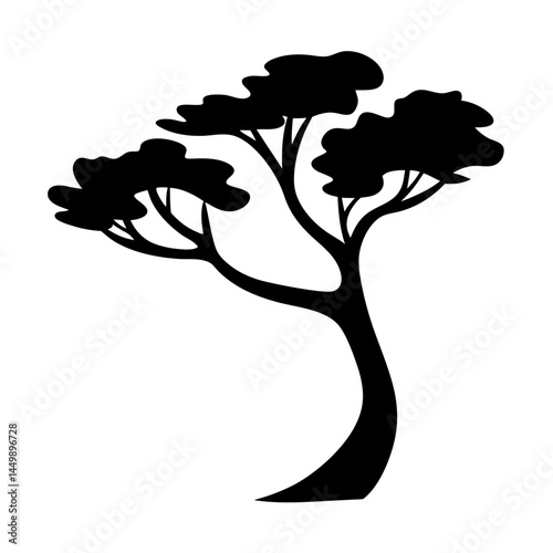 Simple stylized black silhouette of a deciduous tree with a curved trunk