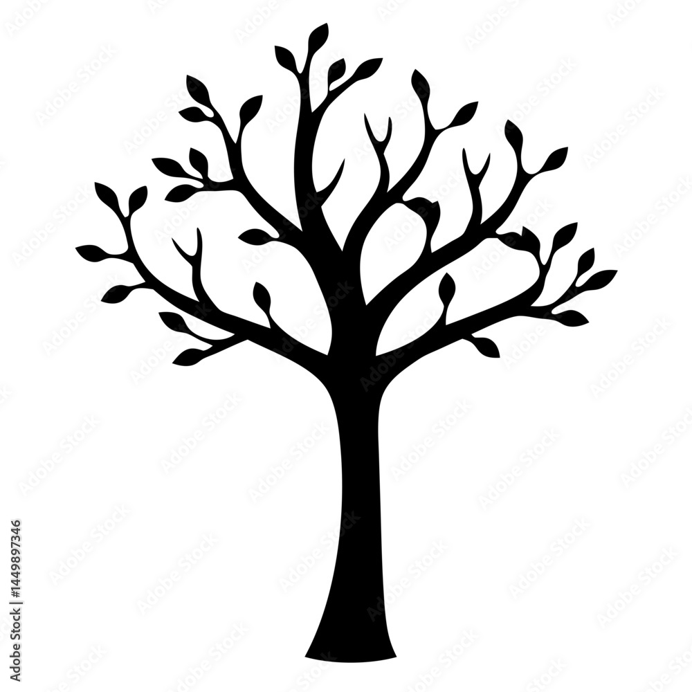 Obraz premium Silhouette of a minimalist tree with small leaves against a white background