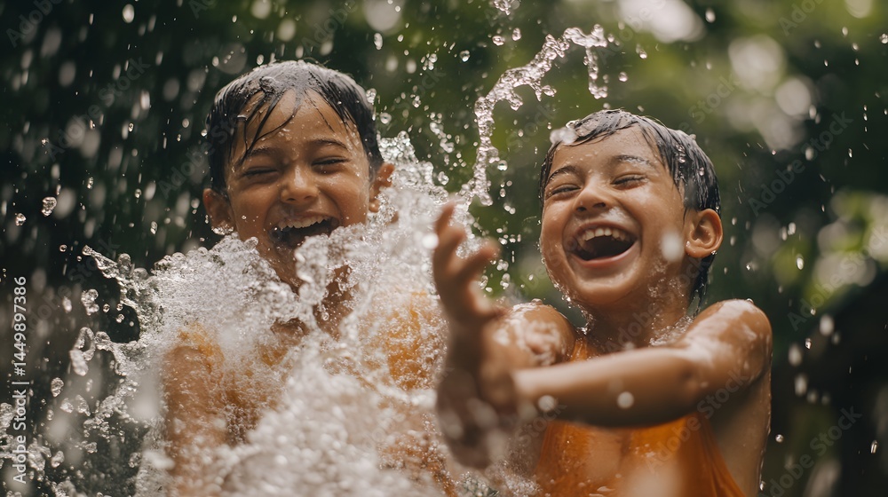 Obraz premium Two children are playing in a pool, one of them is laughing. Scene is happy and playful