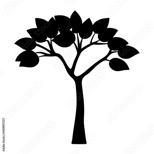 Silhouette of a deciduous tree with spreading branches and lush foliage