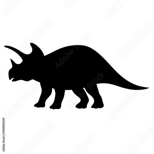 Black silhouette illustration of a threehorned Triceratops dinosaur on white background