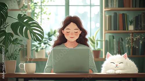 Cozy home office scene with a young woman working on a laptop, surrounded by plants and a fluffy white cat