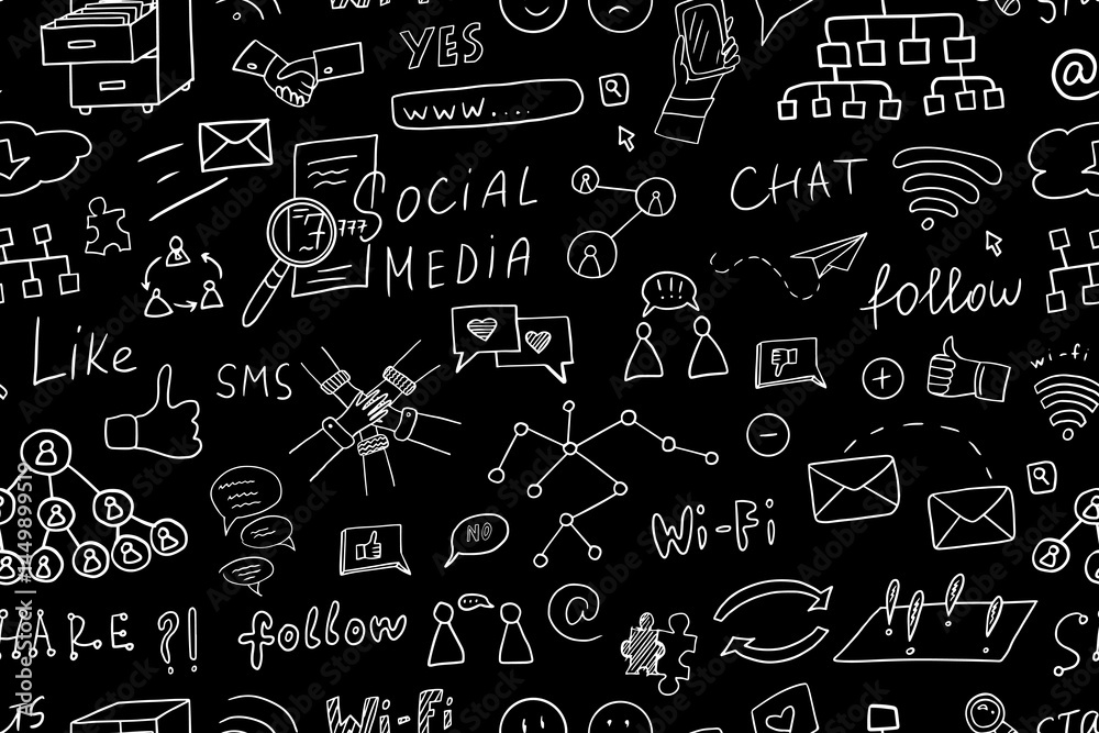 Seamless pattern of social media elements in doodle style. Communication, follow, sms, share, internet, search, chat. Business. Great for banner, posters, professional design. Isolated on black Seamless pattern of social media elements in doodle style. Communication, follow, sms, share, internet, search, chat. Business. Great for banner, posters, professional design. Isolated on black