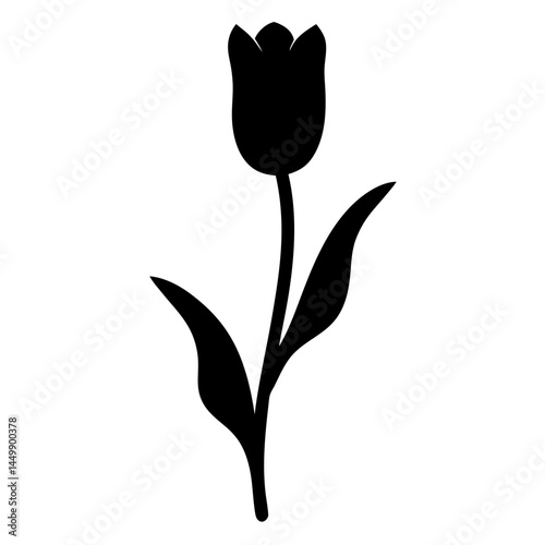 Elegant black silhouette of a single tulip flower with leaves