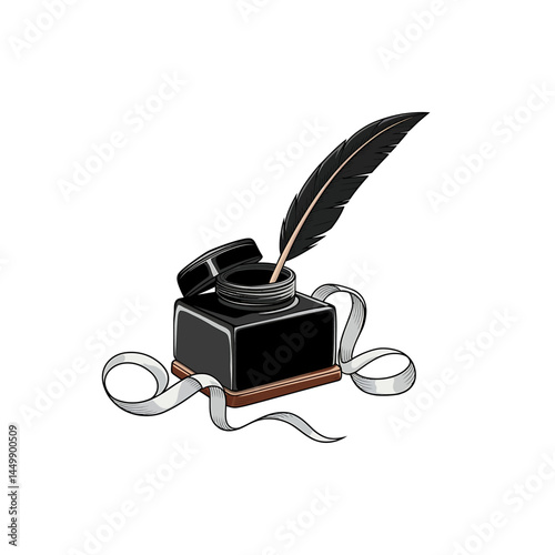 Quill and inkwell with paper ribbon vector illustration isolated on white. Quill pen, feather pen.
