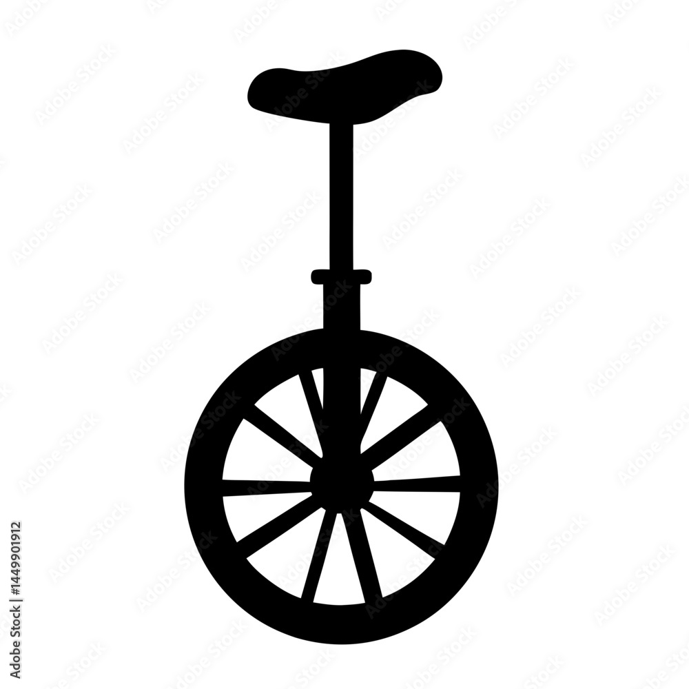 Black silhouette of a unicycle with a wheel and seat visible Black silhouette of a unicycle with a wheel and seat visible