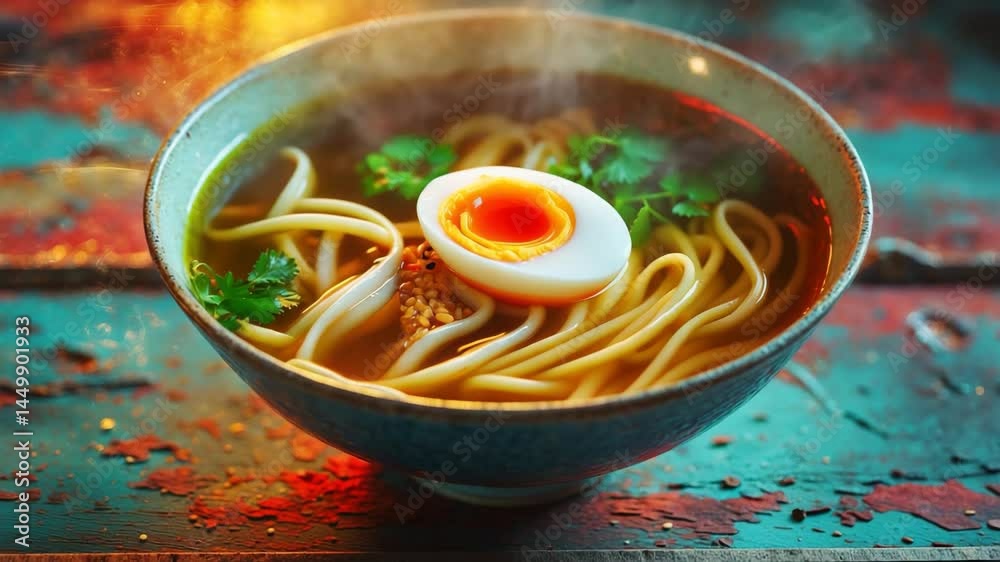 Egg-topped noodle soup on a rustic setting