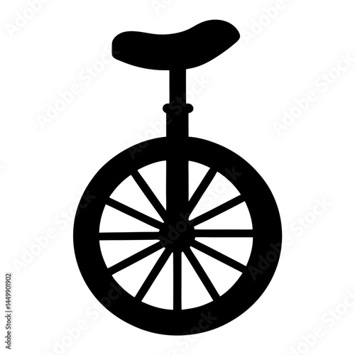 A solitary black unicycle with a single wheel against white background
