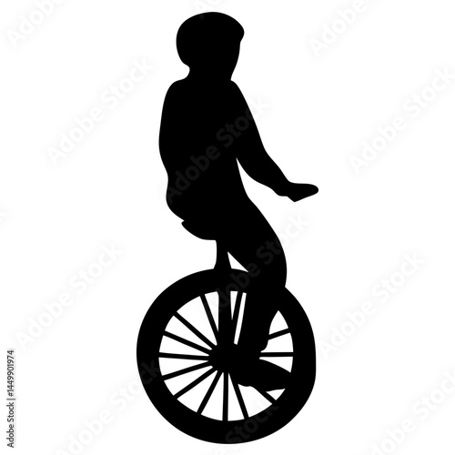 Silhouette of a child balancing on a unicycle wheel, showing skill