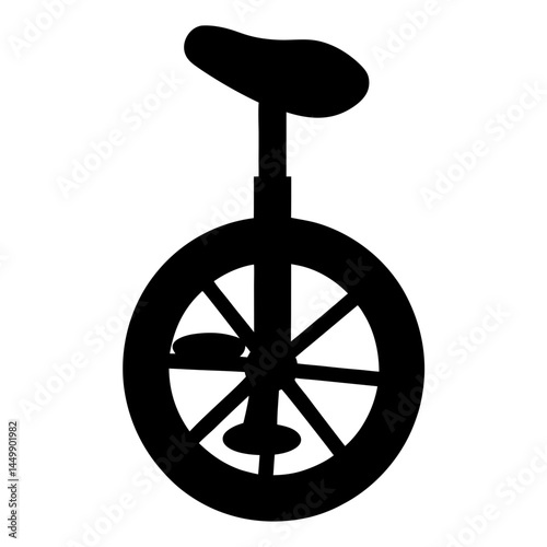 Black silhouette of a unicycle with seat and spokes on white background