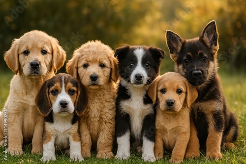 Fototapeta Naklejka Na Ścianę i Meble -  Adorable puppies in grassy field.