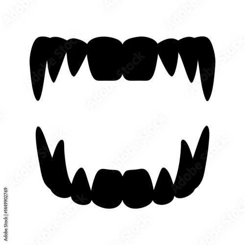 Simple and spooky black silhouette of scary fangs on a white background