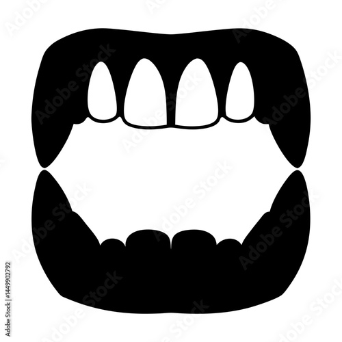 Black and white open vampire mouth silhouette, showing sharp teeth