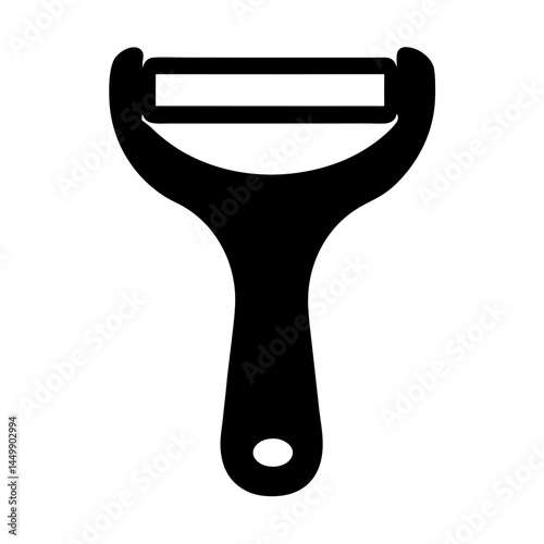 A minimalist, modern black and white silhouette illustration of a vegetable peeler