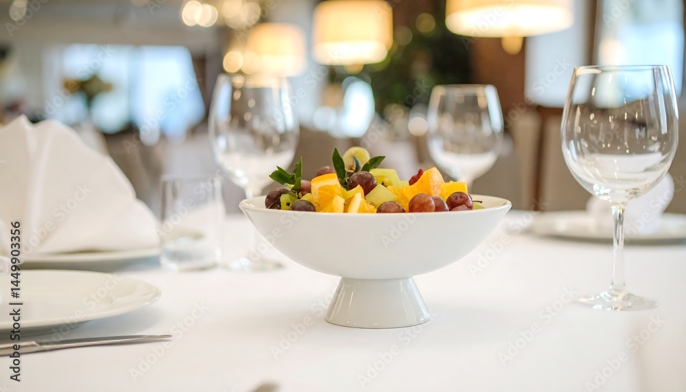 Fototapeta premium Delicious Fresh Fruit Salad in Elegant White Bowl on Table Setting at Upscale Restaurant