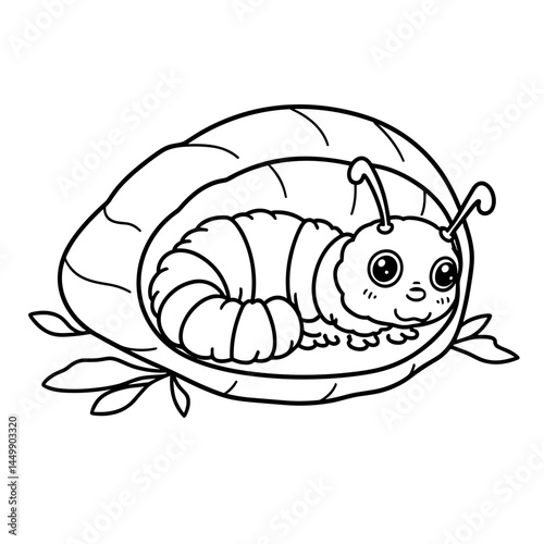 Funny cartoon insect caterpillar resting in its cozy shell  