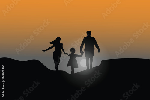 Happy Family walking through the hill at sunset, Father's Day concept landscape nature, vector illustration design background