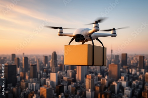 Drohne mit Paketlieferung über einer modernen Großstadt