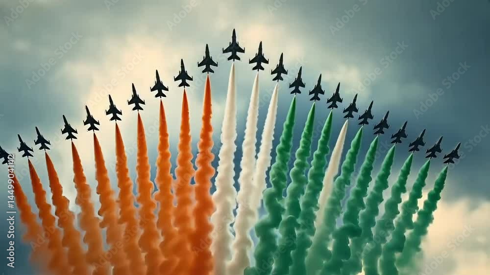 Tricolor Smoke Coming Out from Fighter Plane at Sky for India Republic Day and Independence Day, Animation Motion Graphic Video 