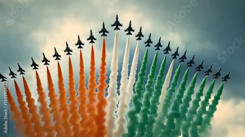Tricolor Smoke Coming Out from Fighter Plane at Sky for India Republic Day and Independence Day, Animation Motion Graphic Video 