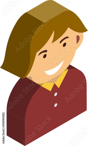 Happy Young Girl with Brown Hair Wearing a Maroon Polo Shirt Isometric Illustration