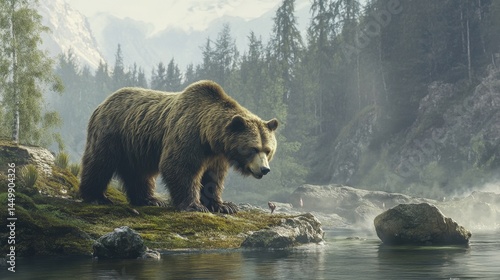 majestic grizzly bear by the river in misty mountain landscape
