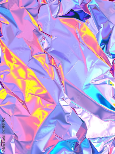 Abstract background with colourful iridescent holographic foil. Trendy 2yk fashion banner, pastel silver metallic wallpaper