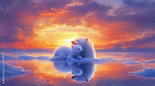 polar bear mother and cub at sunset