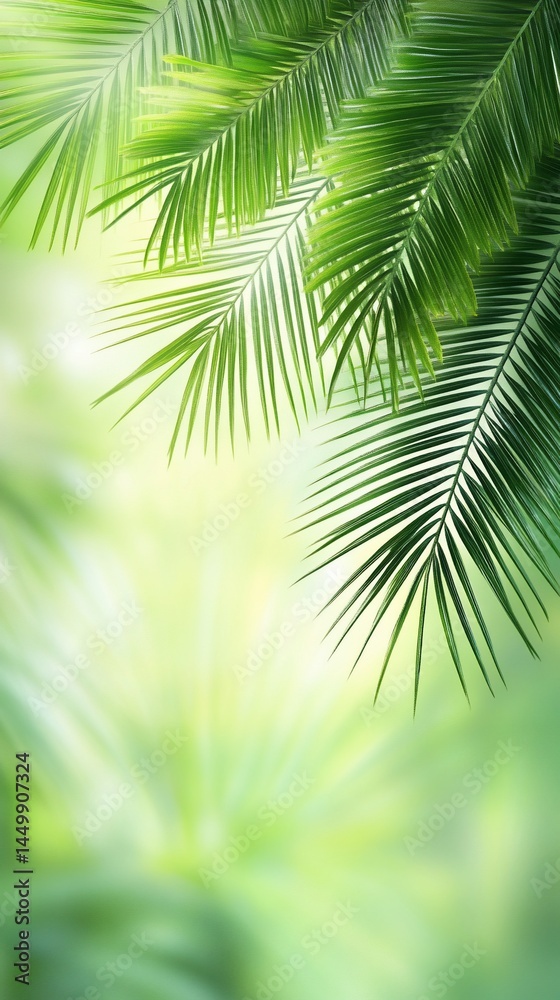 Obraz premium Lush tropical foliage. Vibrant green palm leaves, gently backlit, create a serene, natural backdrop. Soft focus highlights the delicate structure of the leaves and the surrounding greenery