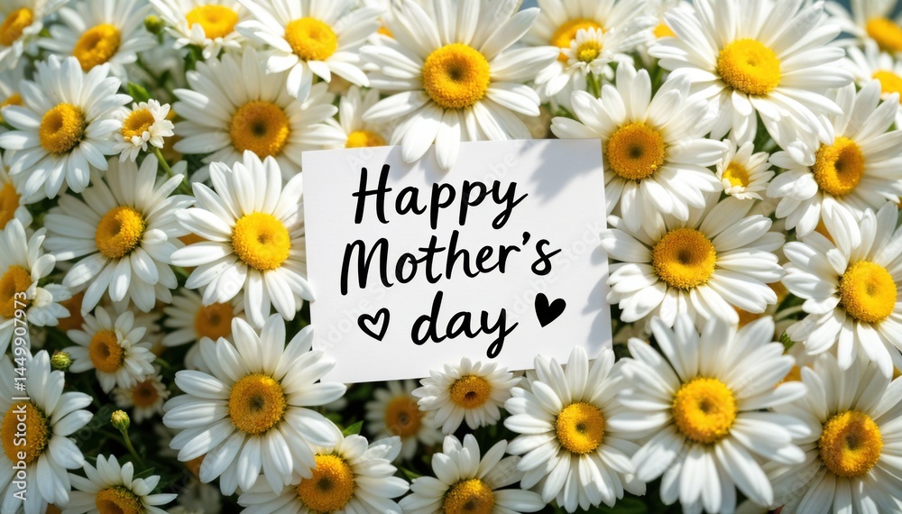 Obraz premium Fresh spring bouquet of daisies with handwritten happy mother’s day card, floral background for celebration or greeting