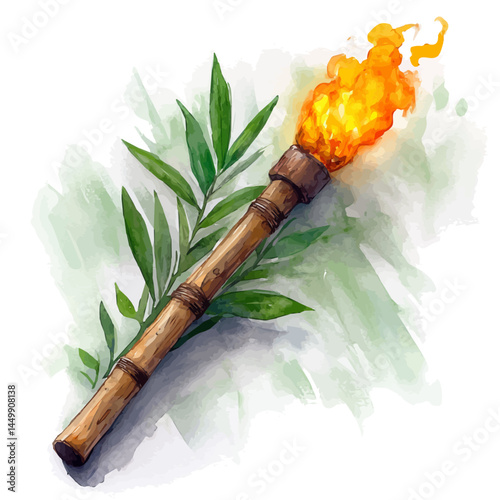 illustration of Makeshift Wooden Torch, watercolor vector, isolated on a white background.