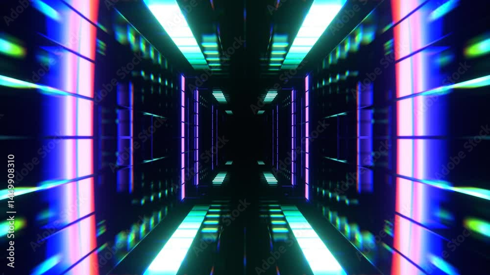 Turquoise and Purple Cyber ​​Tunnel with Glowing Neon Squares Background VJ Loop in 4K
