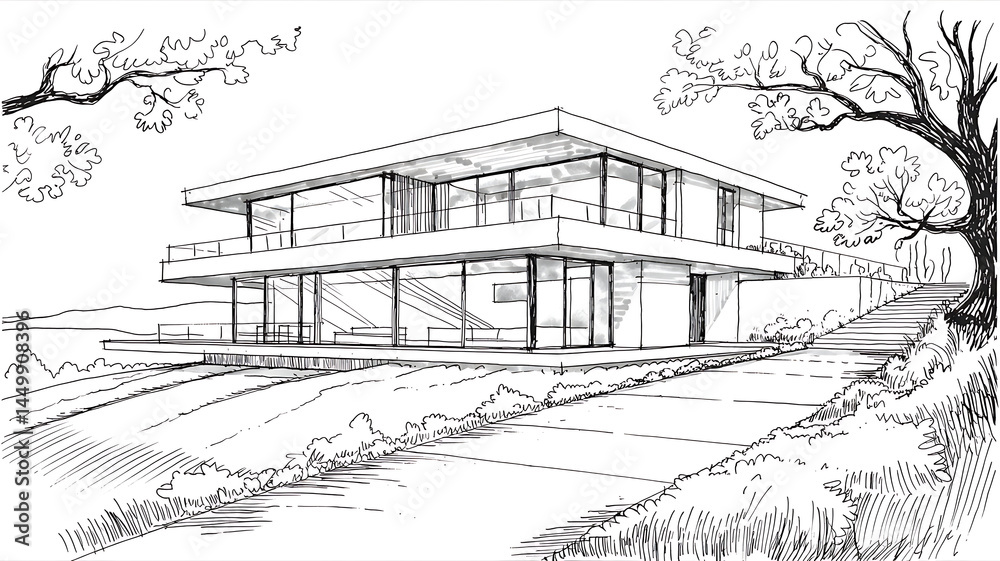 Fototapeta premium Modern House Architectural Sketch: Two-Story Design with Large Windows and Landscaped Grounds