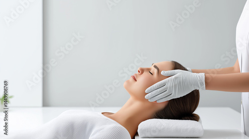 Beautician wearing latex gloves gently massaging the face of a young woman lying on a massage table in a beauty salon, experiencing a soothing and rejuvenating treatment