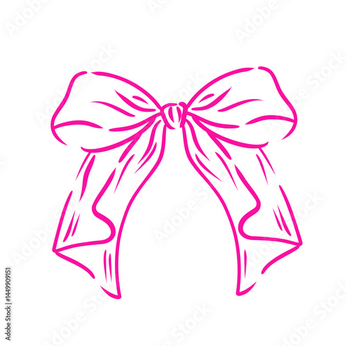 Decorative pink bow. Coquette bow. Hand drawn girly decor. Line illustration design element for Valentine and wedding invitations, christmas cards, poster.