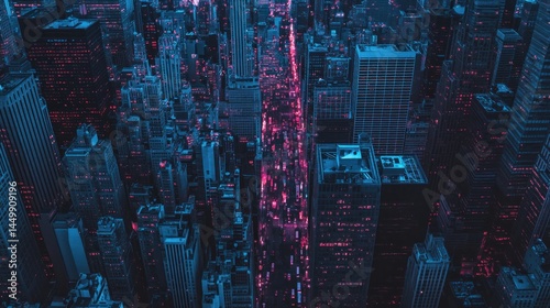 Aerial view of a densely populated urban metropolis at night.