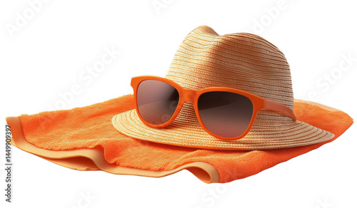 A straw hat rests atop a vibrant orange towel, paired with stylish sunglasses, creating an inviting atmosphere for sunbathing at a beach. This scene captures summer vibes and leisure moments