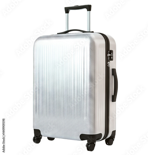 Sturdy silver suitcase featuring a sleek design, four multidirectional wheels, and a retractable handle. Ideal for travelers seeking a lightweight option for short trips or weekend getaways