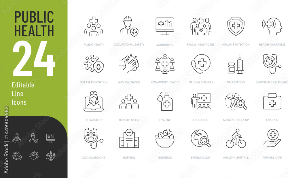 Public Health Line Editable Icons set. Vector illustration in modern thin line style of medicine related icons: preventive measures, healthy lifestyle, information awareness, and more. Public Health Line Editable Icons set. Vector illustration in modern thin line style of medicine related icons: preventive measures, healthy lifestyle, information awareness, and more.