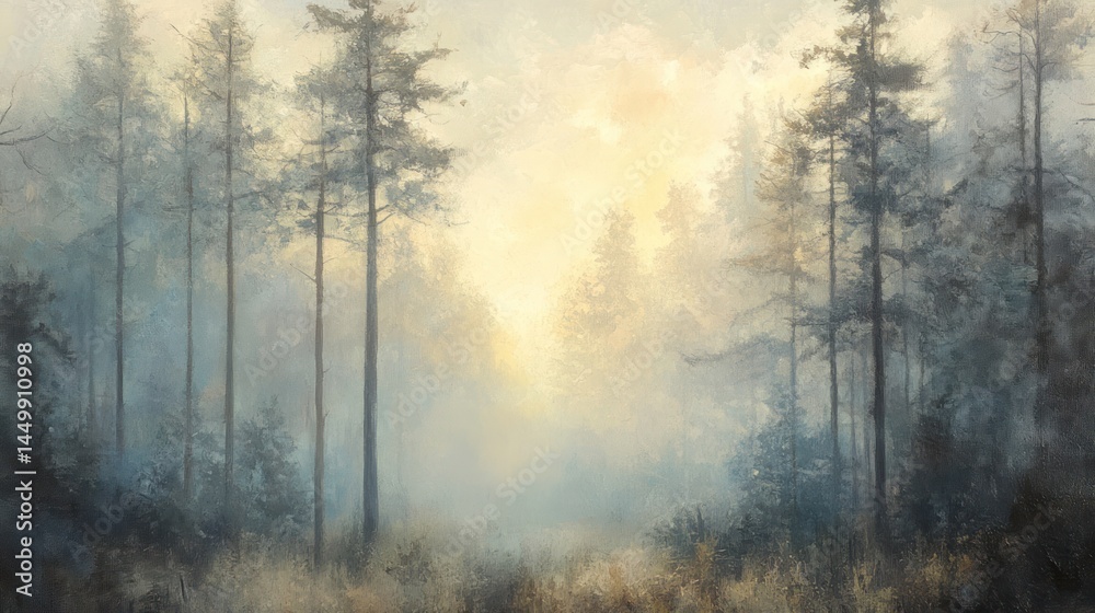 Obraz premium Misty forest path at dawn, painted in soft light.