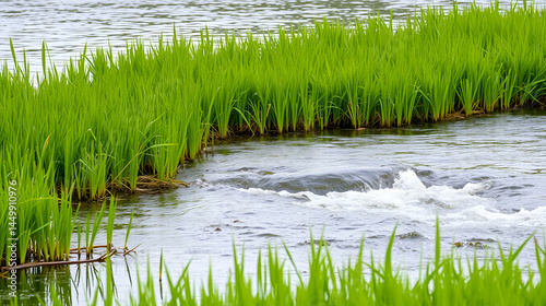 Going With The Flow. Tranquil Scene of Flowing Water Amongst Lush Green Grass and Reeds