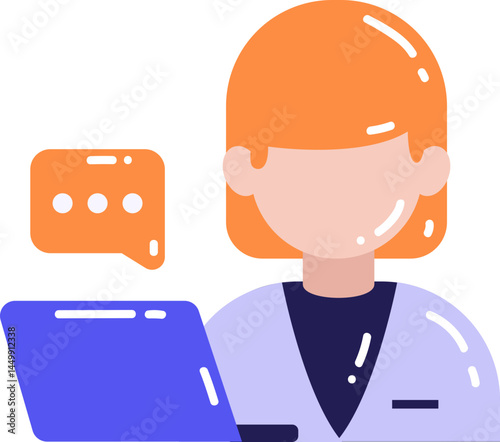 Young Woman Using Laptop Computer for Online Chat Communication A modern illustration of a female working remotely